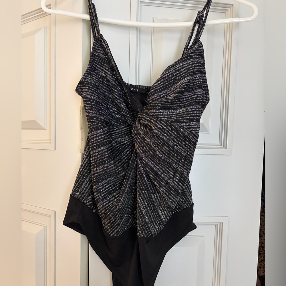 iris Black Ribbed Top with Metallic Trim